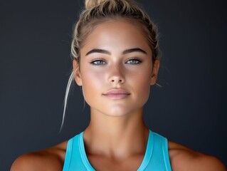 A woman in a blue tank top is looking at the camera