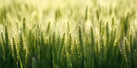 Fototapeta premium Lush green wheat field at sunset, sunlit stalks.