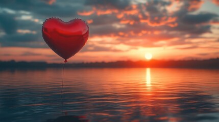 Heart-shaped balloon drifting in the air at sunset, a perfect image for romantic and celebration themes