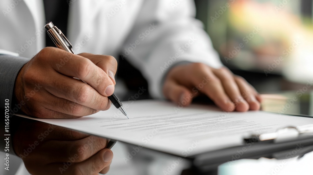 Poster a close-up of a person's hands writing on a document with a pen, showcasing professionalism and focu