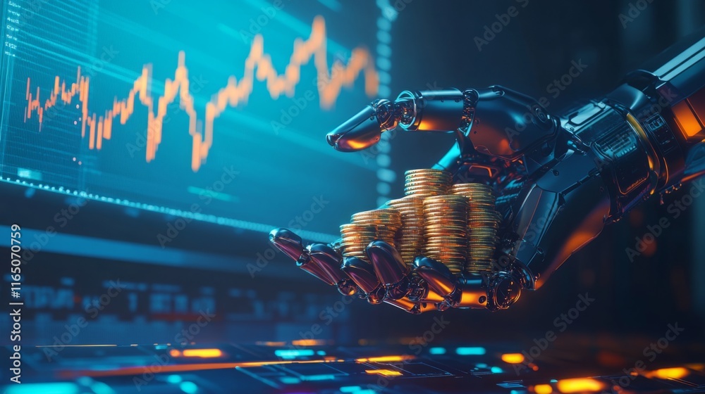 Leinwandbilder A robotic hand holds a stack of coins against a backdrop of financial data, symbolizing the intersection of technology and finance.