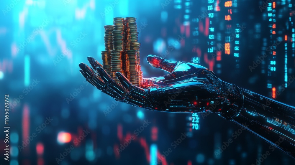 Leinwandbilder A futuristic robotic hand holds glowing coins amidst a digital backdrop of binary code, symbolizing technology and finance.