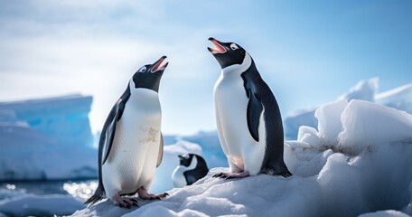 Fototapeta premium Two penguins vocalizing on an ice formation with a serene backdrop.