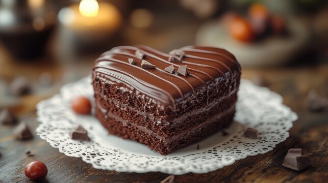 Romantic heart-shaped chocolate cake resting on a delicate white lace fabric, ideal for special occasions and celebrations