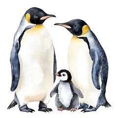 Fototapeta premium Watercolor Painting of a King Penguin Family Two Adult Penguins and a Chick.