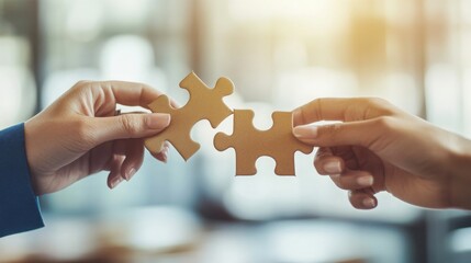 Two hands connecting puzzle pieces, symbolizing collaboration, problem-solving, and unity in a bright, indoor setting.