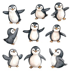 Fototapeta premium Nine Watercolor Illustrations of Adorable Penguins in Various Playful Poses.