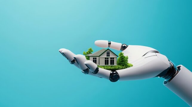 A robotic hand gently holds a miniature house surrounded by trees, symbolizing the intersection of technology and home ownership.