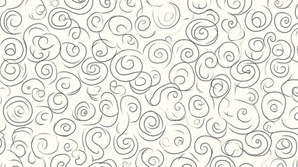 Abstract seamless pattern with swirling lines and curls on white background.