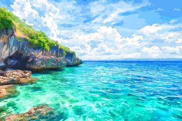 Fototapeta premium Vibrant Artistic Impression of a Tropical Seascape with Rocky Coastline and Turquoise Waters.