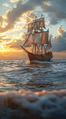 Obraz premium Majestic Sailing Ship at Sunset Ocean Voyage Travel