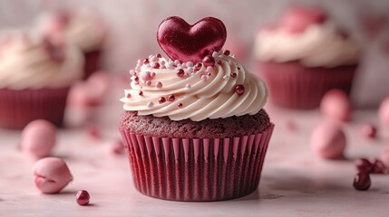 A delicious red velvet cupcake topped with a heart-shaped decoration, ideal for celebrations and romantic events.