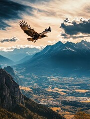 Naklejka premium A majestic eagle soars over a breathtaking mountain landscape during sunset.