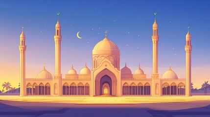 Fototapeta premium A serene and majestic Islamic mosque at sunrise, showcasing intricate architectural details like domes, minarets, and arabesque patterns