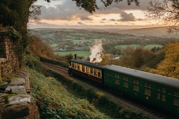 Scenic steam train climbing hill at sunset.