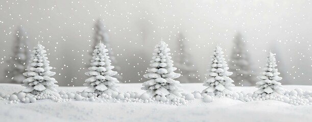 Winter Wonderland: A serene winter landscape with snow-covered pine trees and falling snowflakes. The soft light and muted colors create a peaceful and tranquil atmosphere. 