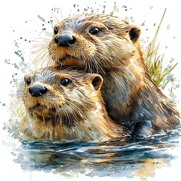 Watercolor Painting of Two Otters Cuddling in Water.