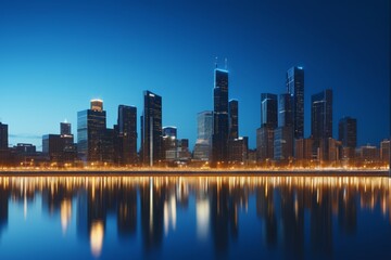 Obraz premium arafficial city skyline at night with lights reflecting in the water