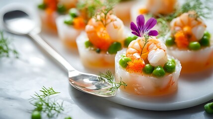 Mini aspic appetizers served on individual spoons, filled with shrimp, peas, and edible flowers, placed on a sleek marble surface, direct overhead lighting creating soft highlights,