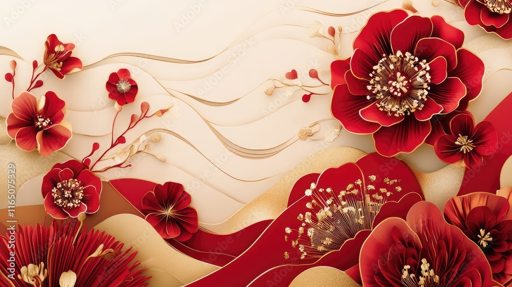 Fototapete artistic abstract new year design with paper-cutting effects, showcasing layered red and gold elemen