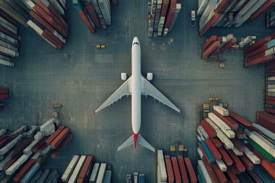 Airplane Parked at a Cargo Terminal Surrounded by Shipping Containers During Daytime