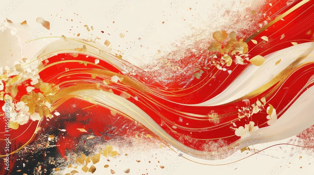 Fototapete artistic abstract red envelope design with flowing gold brushstrokes and intricate patterns symboliz