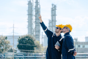 Engineer teamwork, professional male workers working survey inspection at petroleum refinery outdoor