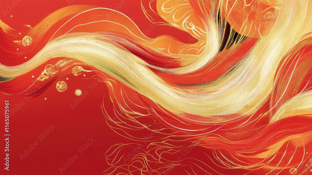Fototapete artistic abstract red envelope design with flowing gold brushstrokes and intricate patterns symboliz