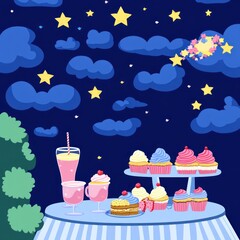 A whimsical dessert table under a starry sky, featuring colorful cupcakes and drinks.
