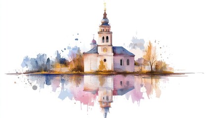 Fototapeta premium Watercolor Painting of a Pink Church Castle on White Background