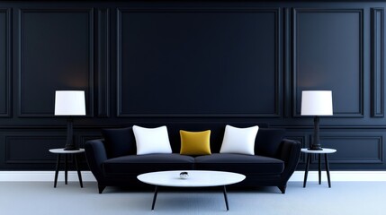 Modern living room with dark walls and stylish furniture.