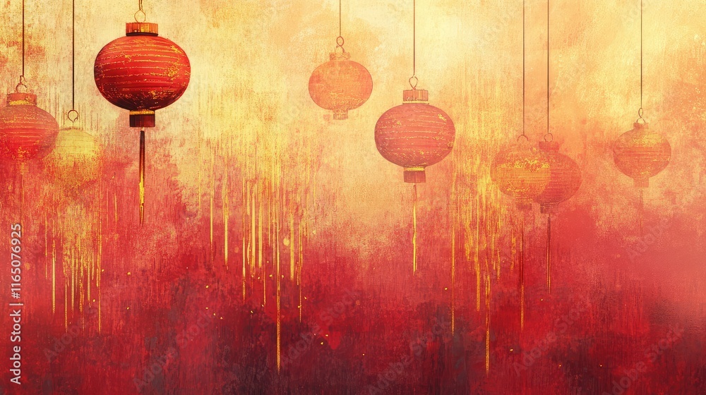 Fototapete artistic blend of lantern shapes with gold streaks and soft red gradients creating a festive abstrac