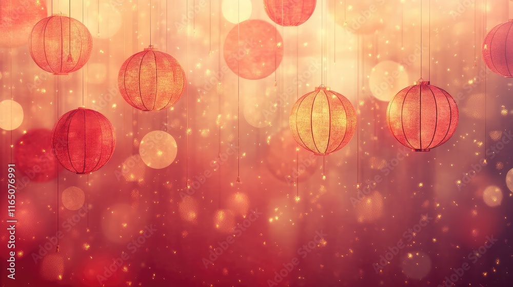 Fototapete artistic blend of lantern shapes with gold streaks and soft red gradients creating a festive abstrac