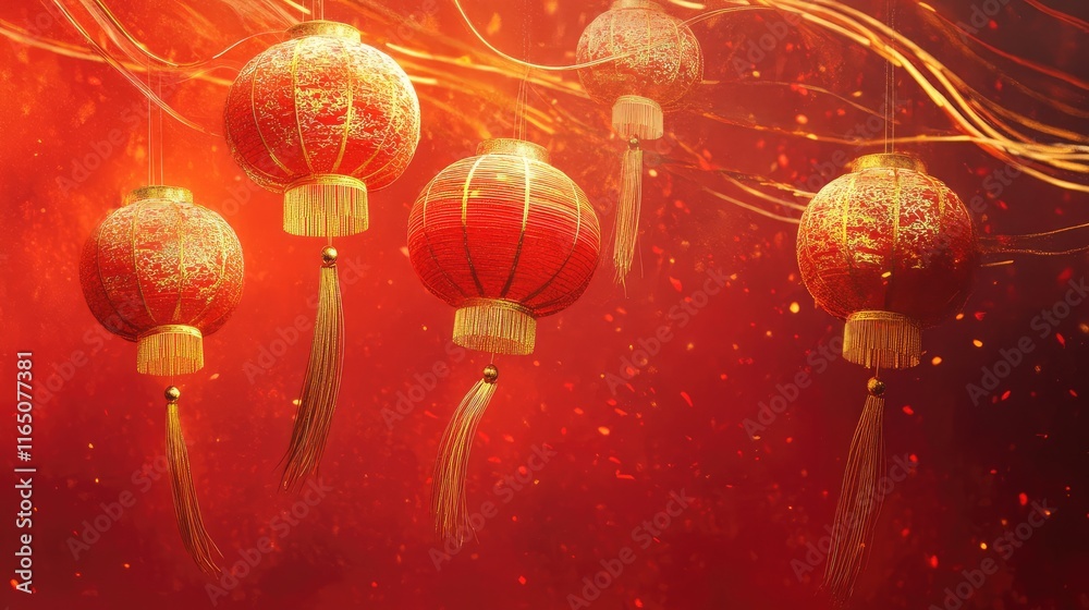 Fototapete artistic fusion of chinese lantern shapes with swirling golden trails on a bold red abstract backdro