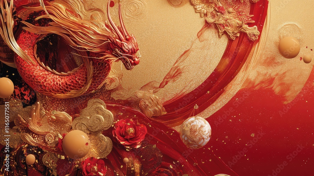 Fototapete artistic fusion of traditional red and gold elements with shimmering abstract details for lunar new 