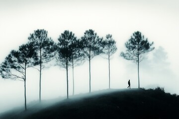 Solitary figure walking on a foggy hill amidst tall trees.