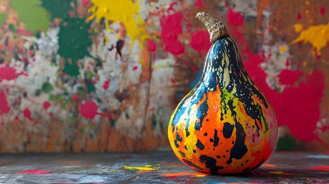 Pointed Gourd with colorful paint splatters behind it