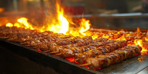 meat kebabs are being grilled over an open fire stove with flame