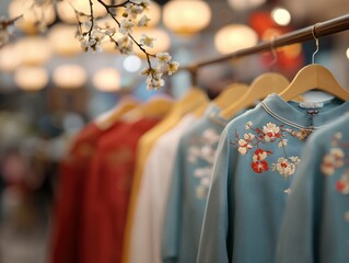 Fototapeta premium Fashion event displaying traditional embroidered clothing cultural center apparel showcase warm atmosphere close-up view style inspiration