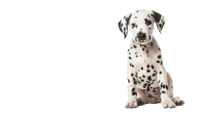 Adorable Dalmatian Puppy Sitting on a White Background with Playful Expression and Unique Spot Patterns