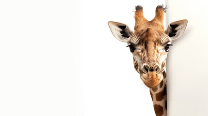 Fototapeta premium A close-up of a giraffe peeking around a white surface, showcasing its unique features.