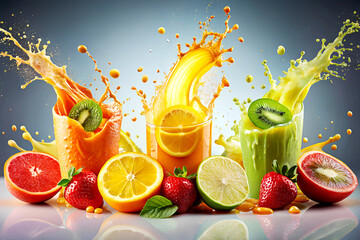 Fruit juice splashing out of a glass with fruits and vegetables
