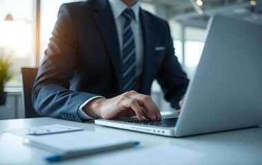 A professional working on a laptop in a modern office environment focusing on productivity and technology during the day