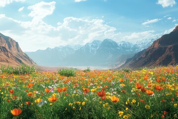 Fototapeta premium Vibrant Wildflower Meadow Showcasing Colorful Blooms Under a Clear Blue Sky in a Mountainous Landscape