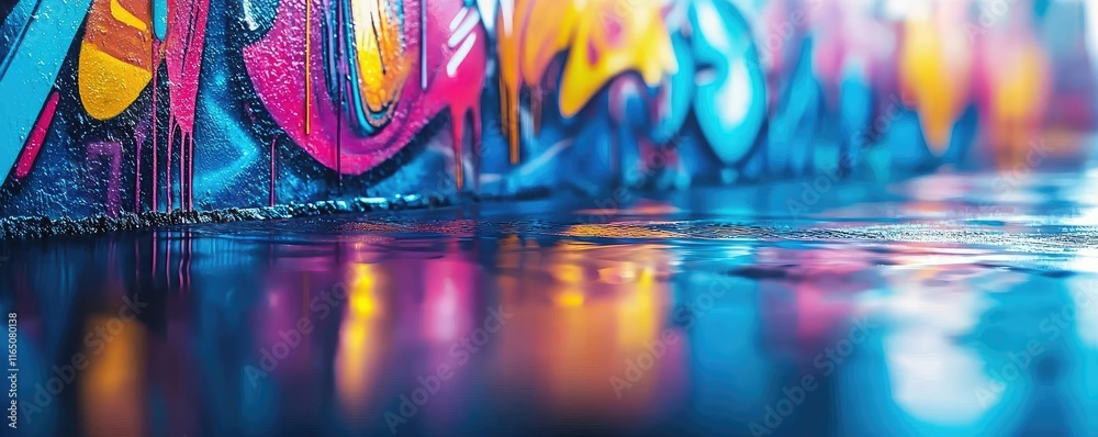Poster graffiti abstract background concept. vibrant graffiti reflecting in wet pavement, adding color and 