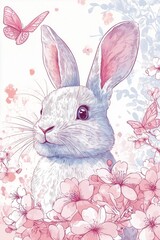 Fototapeta premium Easter card mockup, watercolor illustration in pink white colors. Cute Easter bunny with butterflies. Spring holiday card, banner, poster, flyer, wallpaper, background. Portrait card template