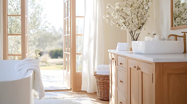 Sunlit bathroom with freestanding tub, French doors, and wooden vanity.