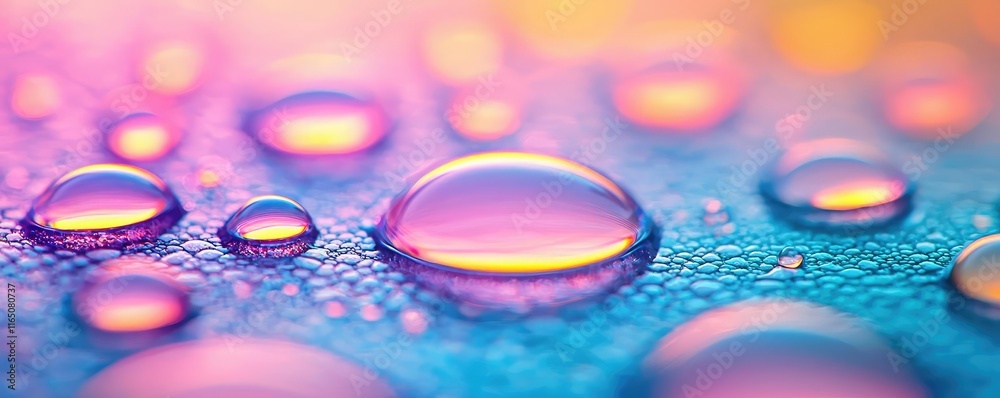 Poster droplets abstract background idea. close-up of colorful water droplets on a surface, showcasing vibr