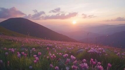Sunset over mountain meadow with wildflowers.