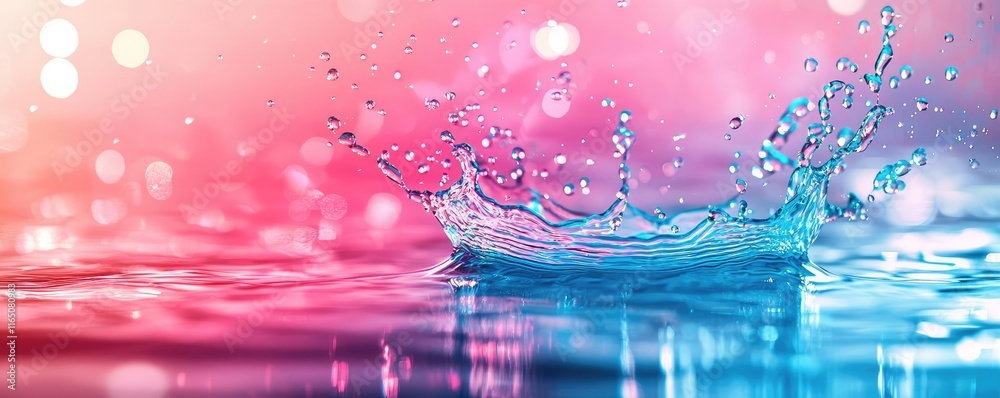 Poster Droplets abstract background idea. A vibrant splash of water creating ripples in a colorful, shimmering environment.